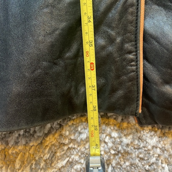 Black with Tan Trim Long Leather Jacket - Picture 14 of 14